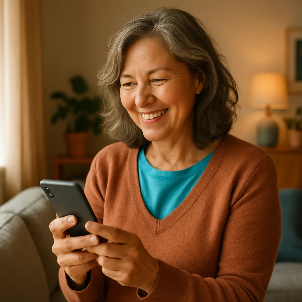 Smiling woman confidently checking her phone — verified profiles on The Cornwall Dating Site
